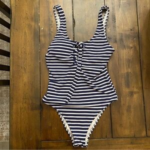 Aerie Striped Ribbed Lace Up Swimsuit Navy and White EUC Size XS
